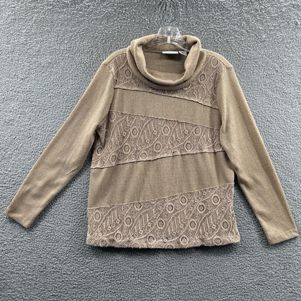 Women Rib Knit Sweater Top M Minimalist Cottage Casual Cozy Lace Panel Cowl Neck